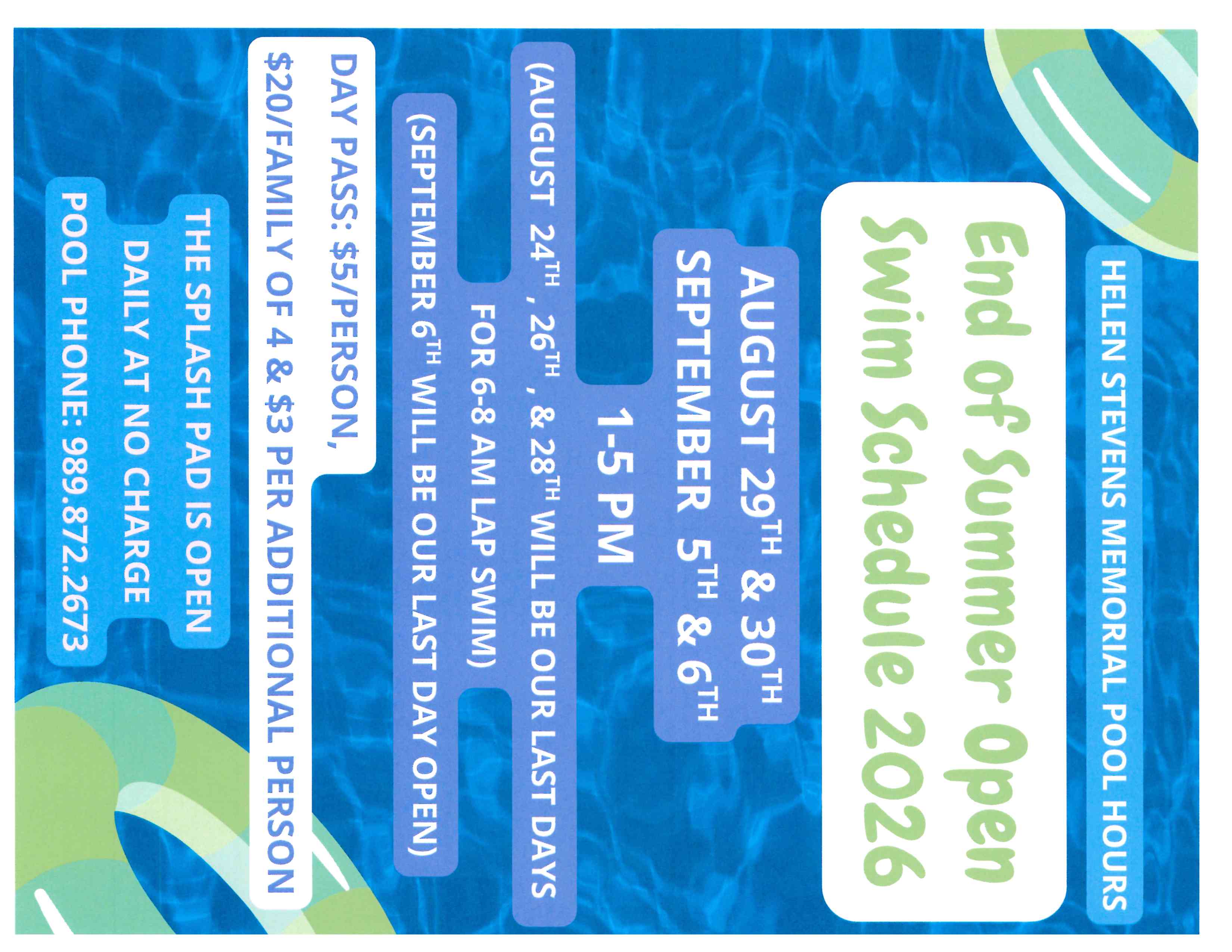 End of Summer Open Swim Hours Image
